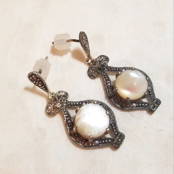 1920S Art Deco Mother of Pearl Marcasite Sterling Earrings - Picture 6 of 6